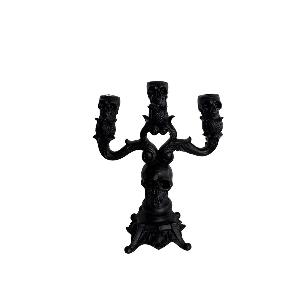 Matte Black Gothic Skull Candelabra 3-Arm Halloween Decor Ornate Tabletop Holder